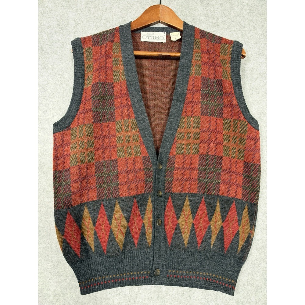 Vintage Ottimo Sweater Vest Mens Tagged M Wool Blend Plaid Argyle Made in Italy